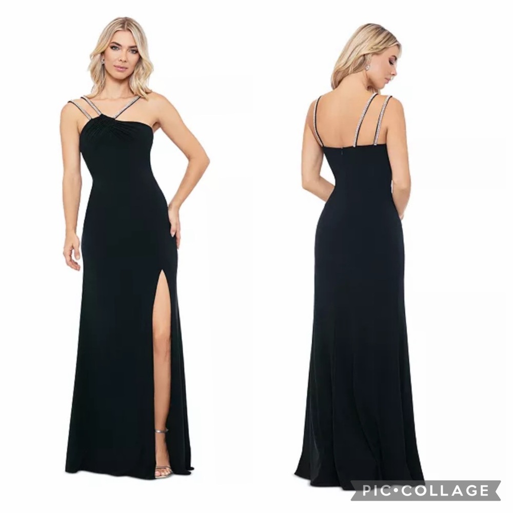 NWT AQUA Black Jersey Gown Rhinestone Straps sz 6